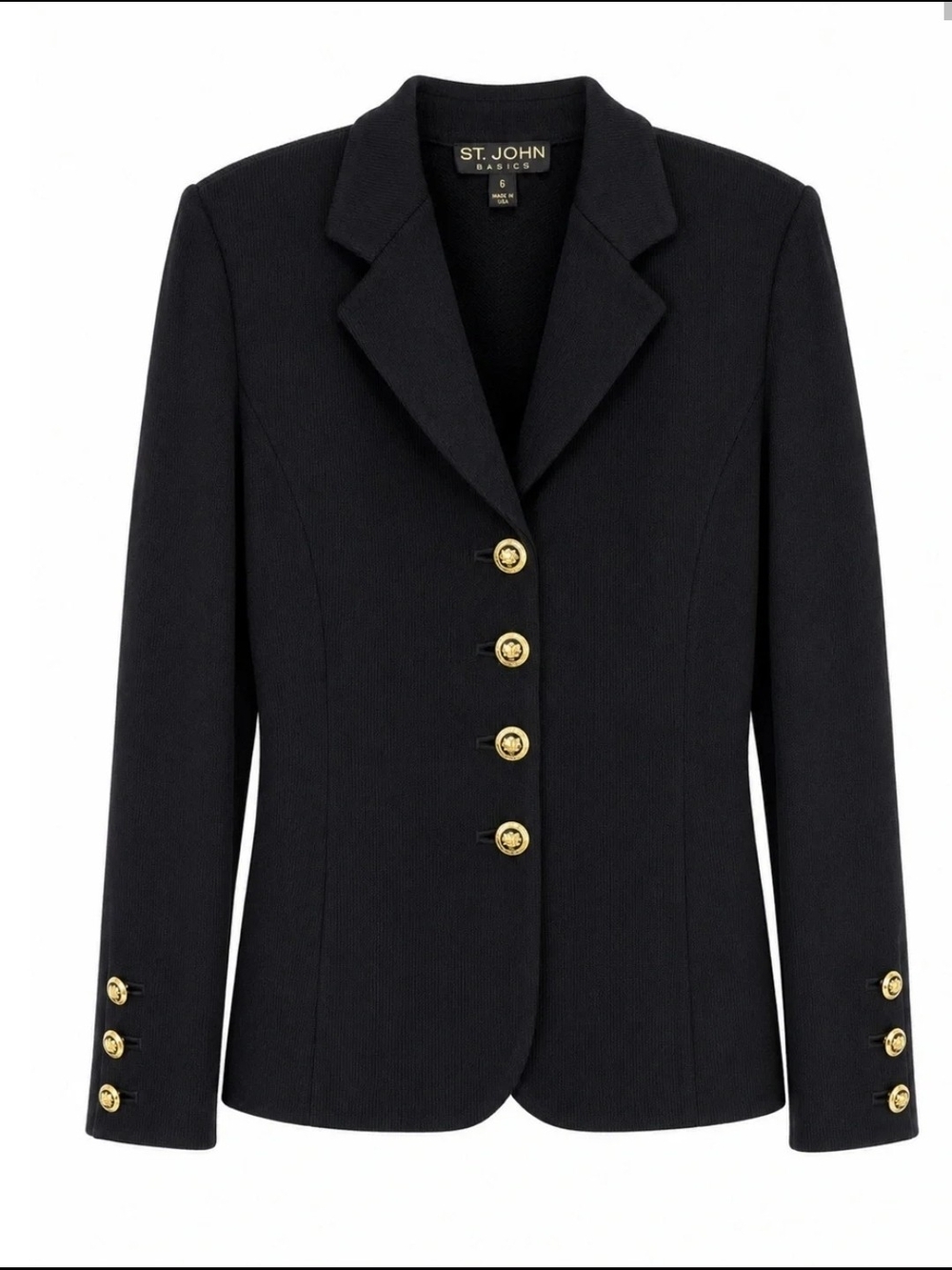 St. John Basics | Classic Knit Blazer with Gold Buttons In Navy